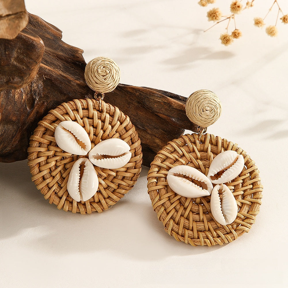 Handmade Bohemian Raffia Shell Earrings In Coffer Color For Women, Featuring Natural Shell Inlay