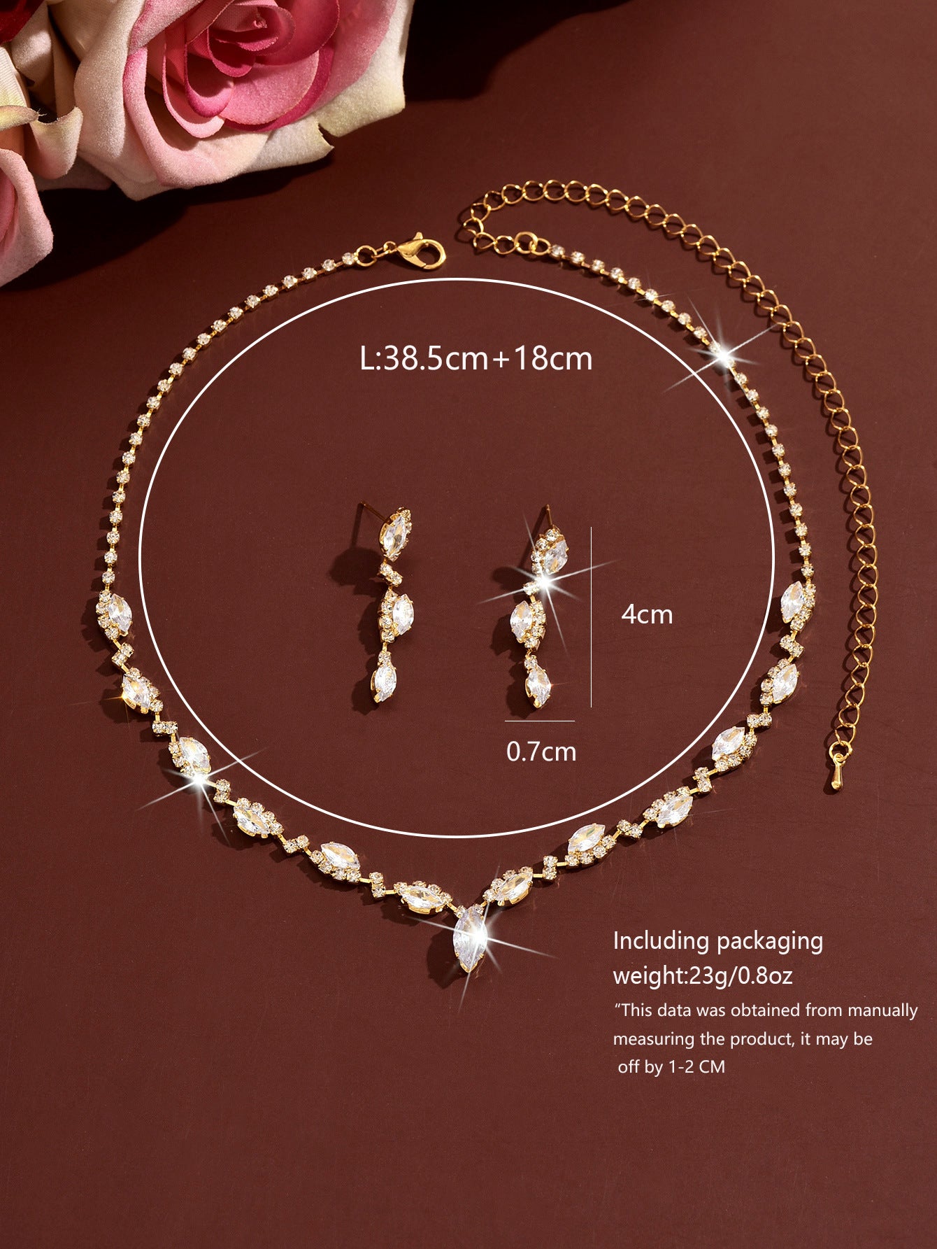 Geometric Copper Jewelry Set For Women With Rhinestones In Gold, 2 Pieces Set