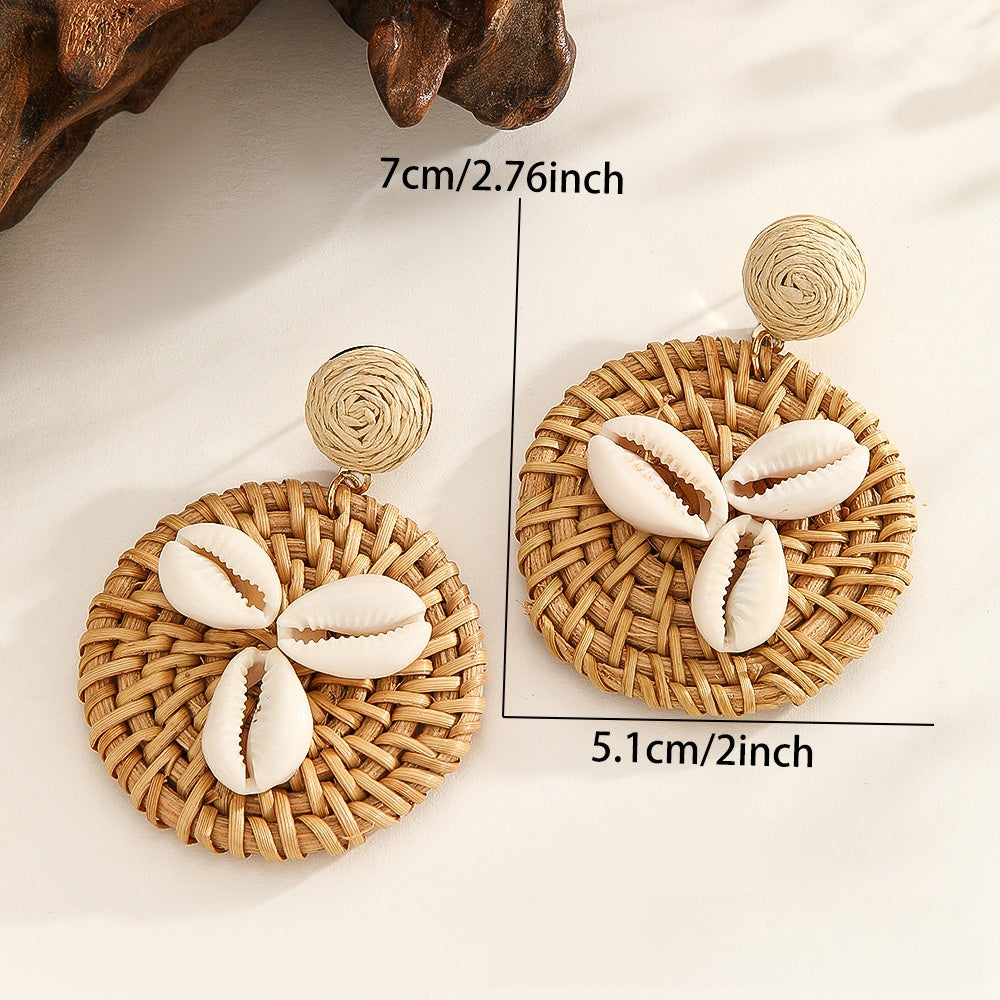 Handmade Bohemian Raffia Shell Earrings In Coffer Color For Women, Featuring Natural Shell Inlay
