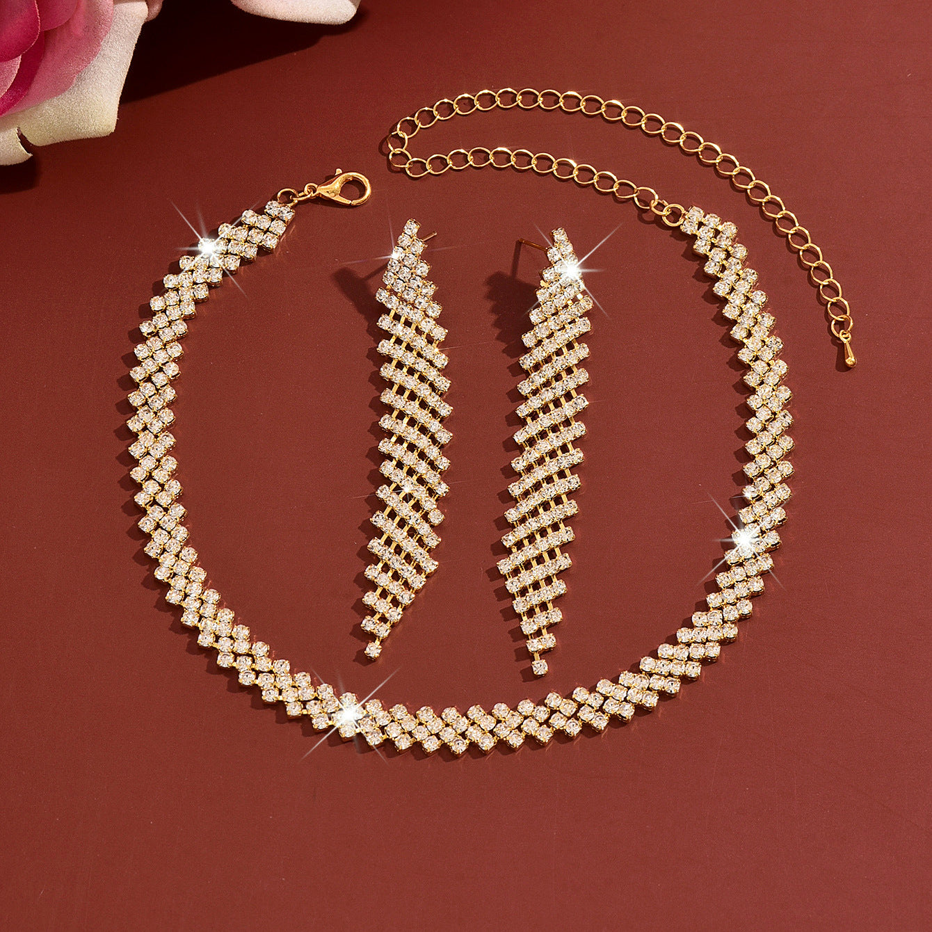 Geometric Copper Jewelry Set For Women With Rhinestones In Gold, 2 Pieces Set