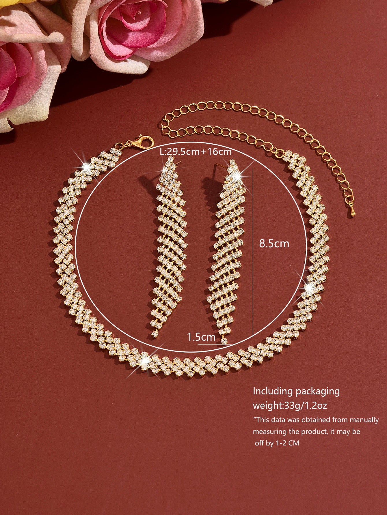 Geometric Copper Jewelry Set For Women With Rhinestones In Gold, 2 Pieces Set