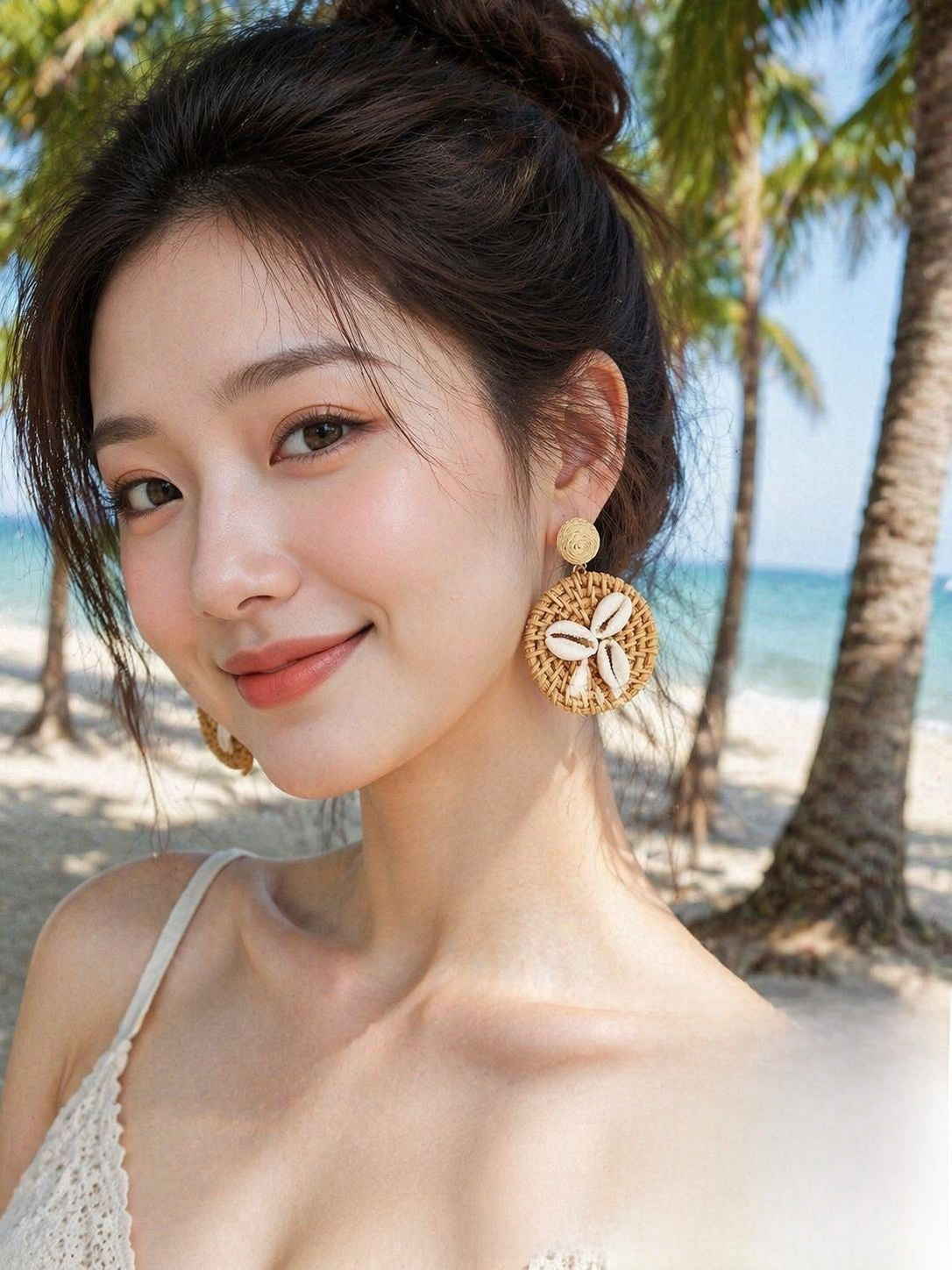 Handmade Bohemian Raffia Shell Earrings In Coffer Color For Women, Featuring Natural Shell Inlay