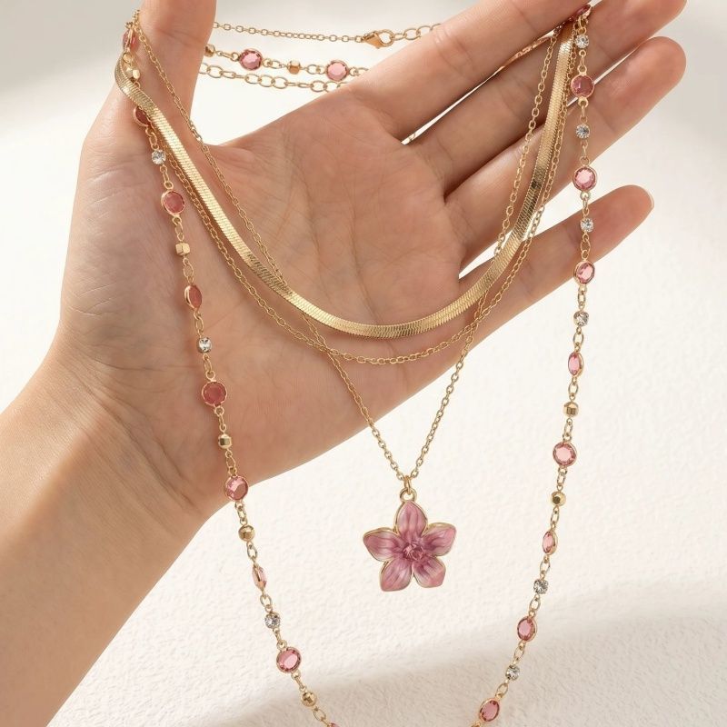 Natural Pink Flowers Necklace For Women With Electroplated Finish And Alloy Pendant In Acrylic Material