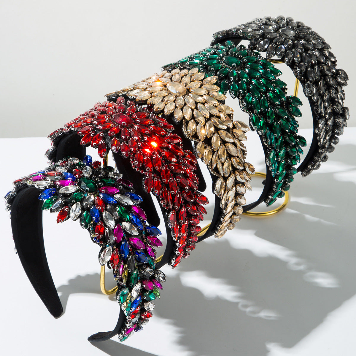 Round Baroque Style Jewelry Headband For Women In Dyed Black Featuring Glass And Rhinestones