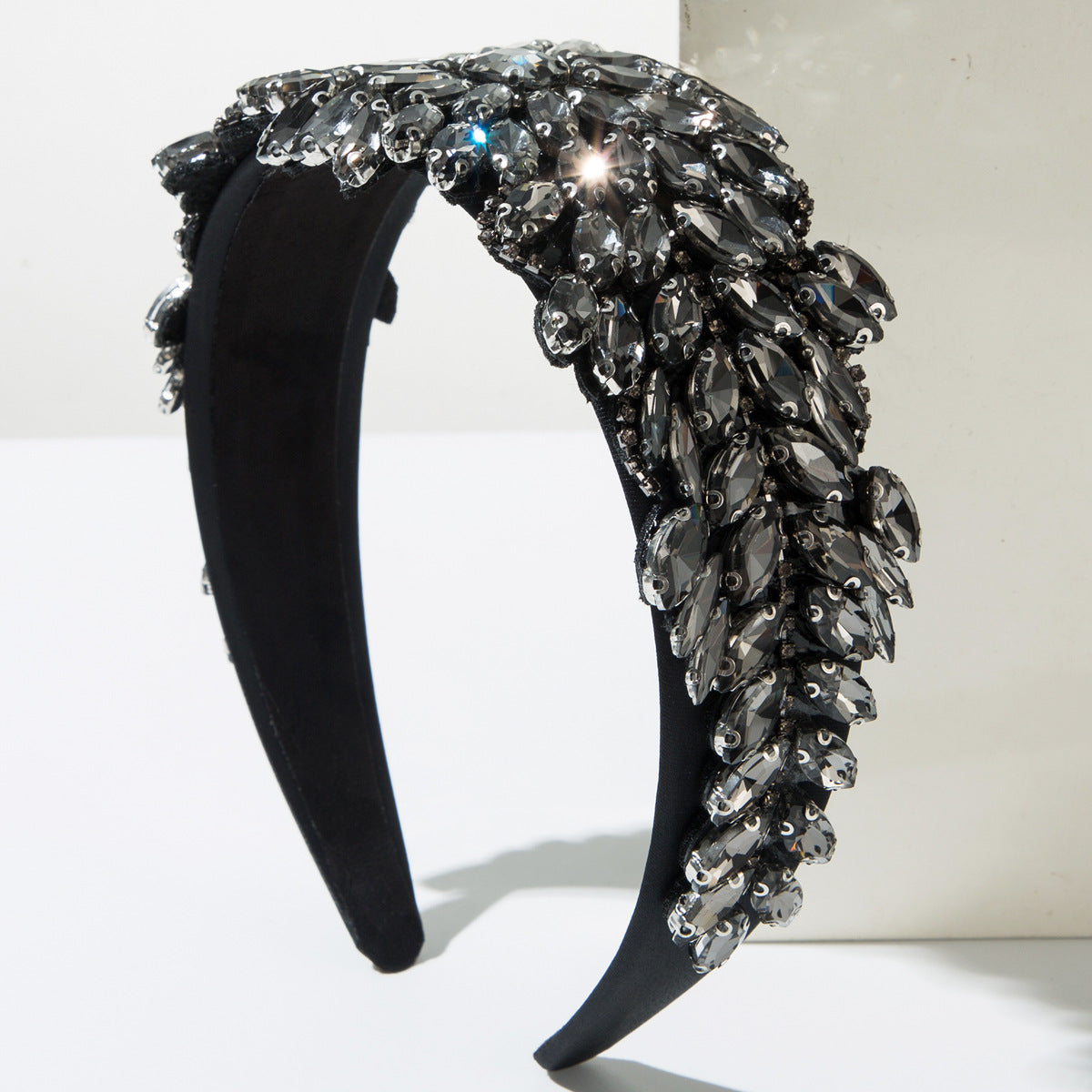 Round Baroque Style Jewelry Headband For Women In Dyed Black Featuring Glass And Rhinestones