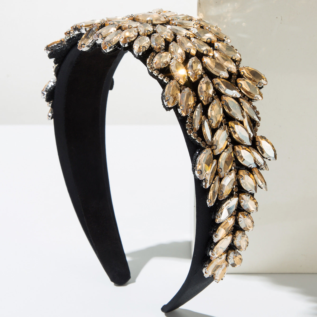 Round Baroque Style Jewelry Headband For Women In Dyed Black Featuring Glass And Rhinestones
