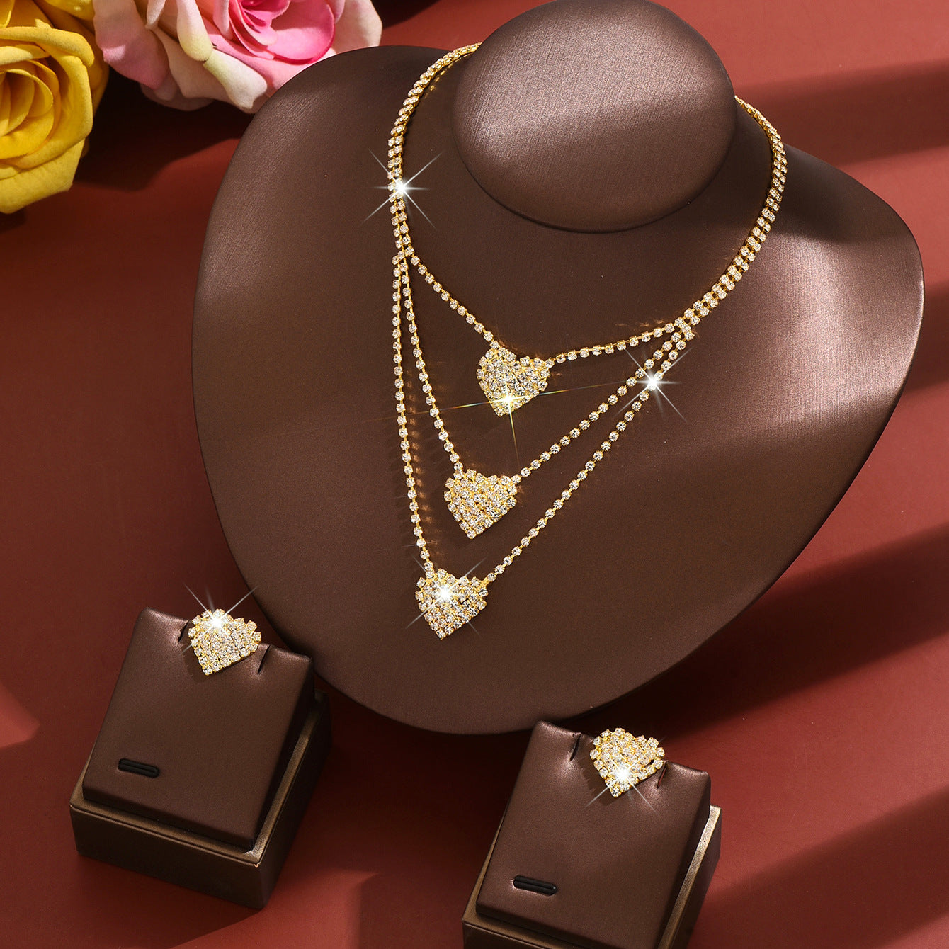 Heart Shape Jewelry Set For Women In Gold Copper With Rhinestone Inlay, 2 Pieces Set
