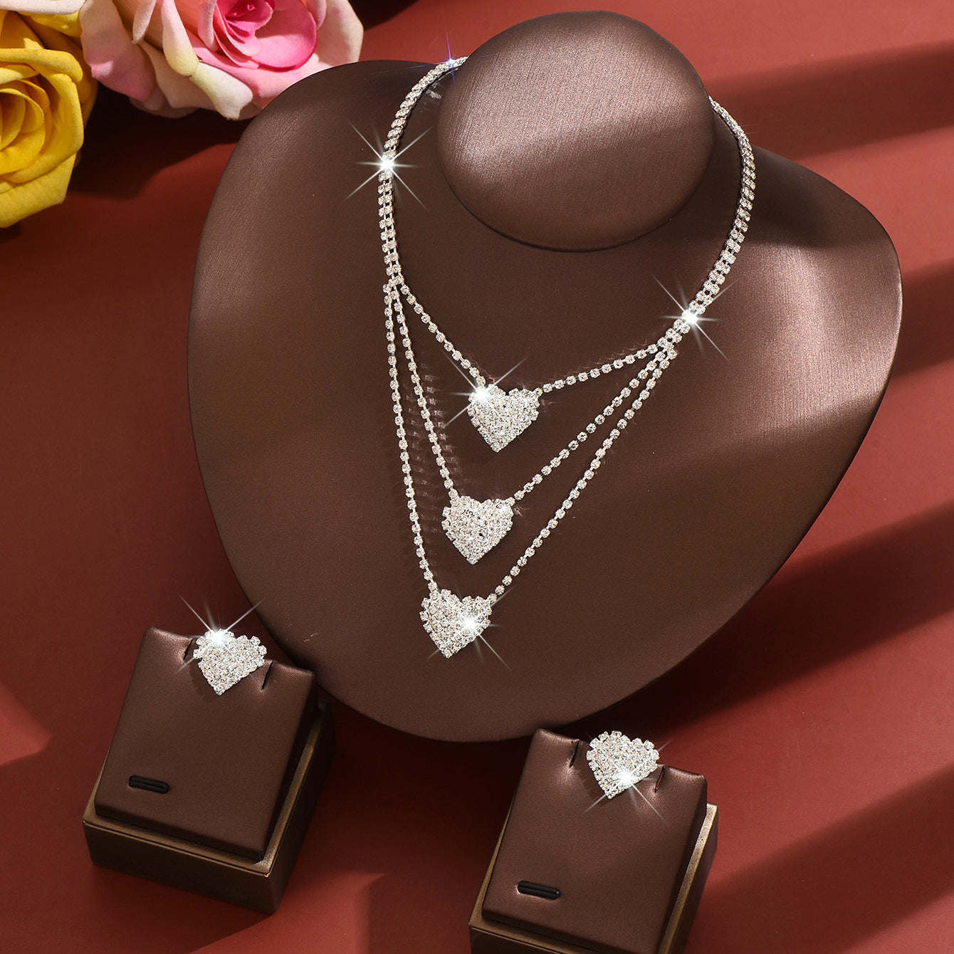 Heart Shape Jewelry Set For Women In Gold Copper With Rhinestone Inlay, 2 Pieces Set