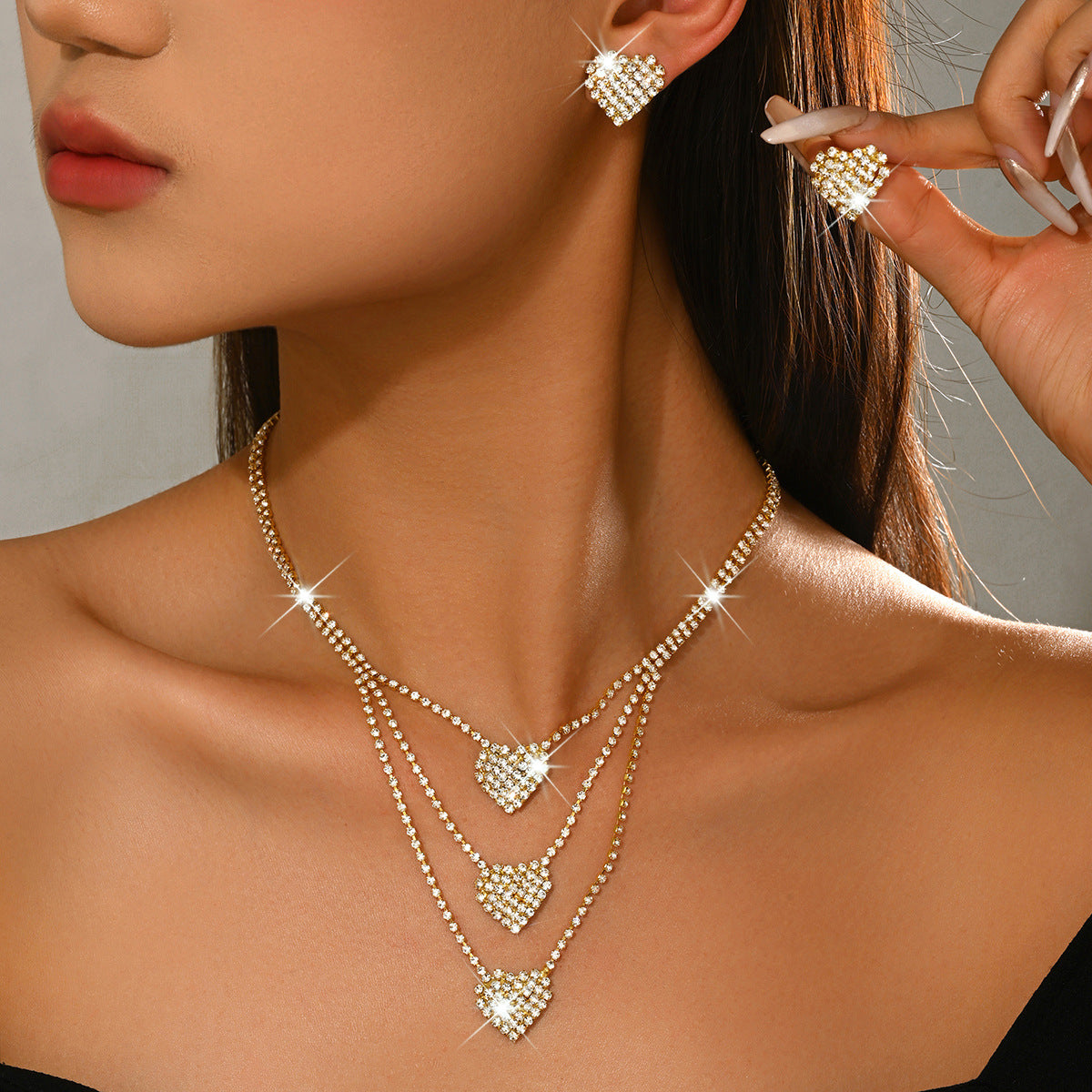 Heart Shape Jewelry Set For Women In Gold Copper With Rhinestone Inlay, 2 Pieces Set