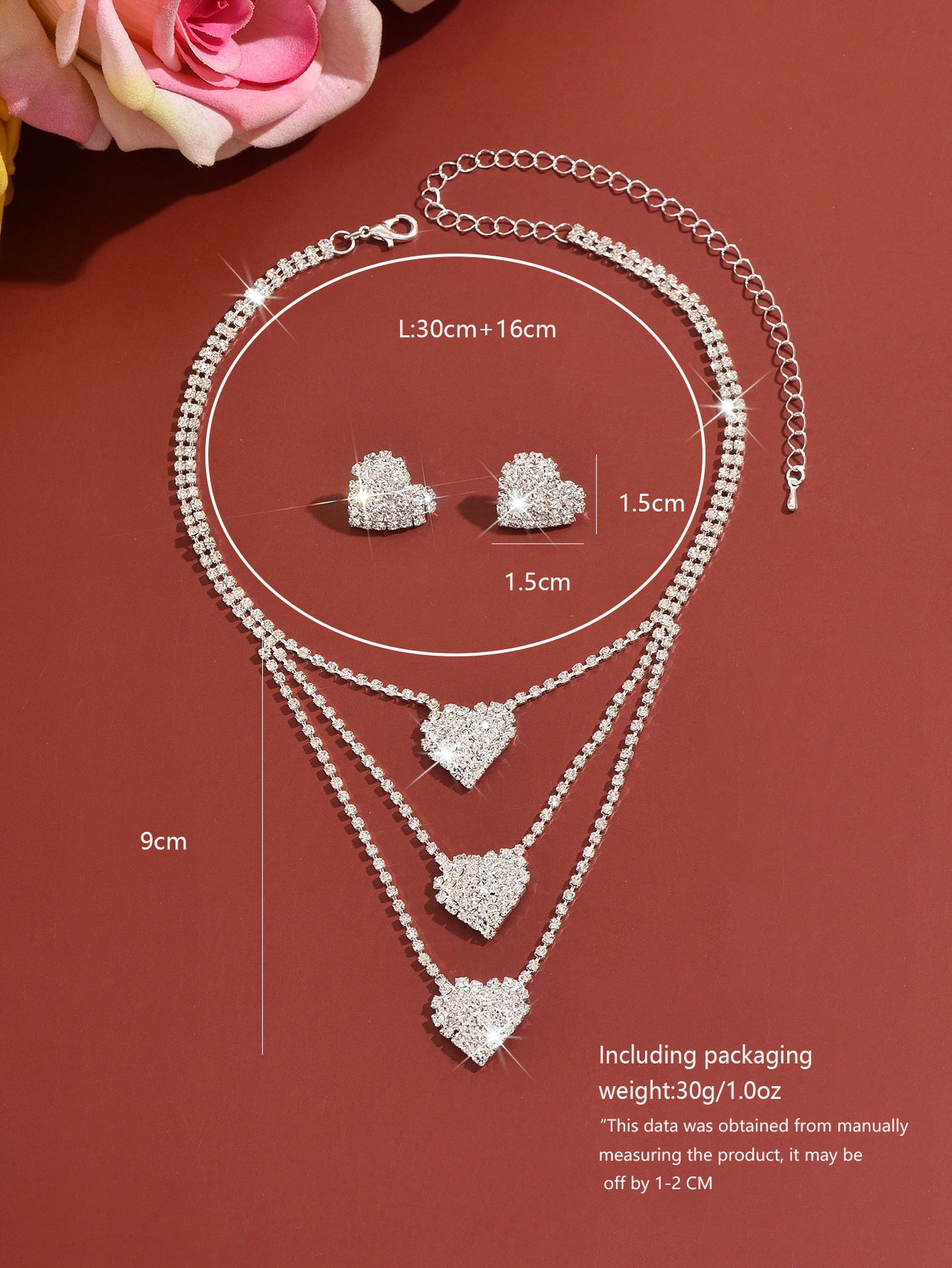 Heart Shape Jewelry Set For Women In Gold Copper With Rhinestone Inlay, 2 Pieces Set
