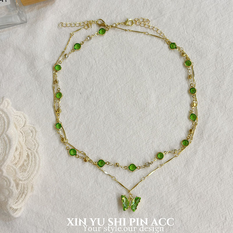 Butterfly Double Layer Necklace For Women In Green, Electroplated Alloy Pendant