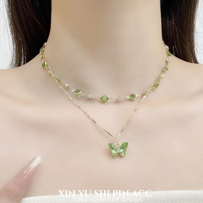 Butterfly Double Layer Necklace For Women In Green, Electroplated Alloy Pendant