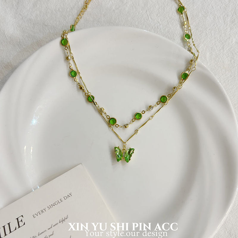 Butterfly Double Layer Necklace For Women In Green, Electroplated Alloy Pendant