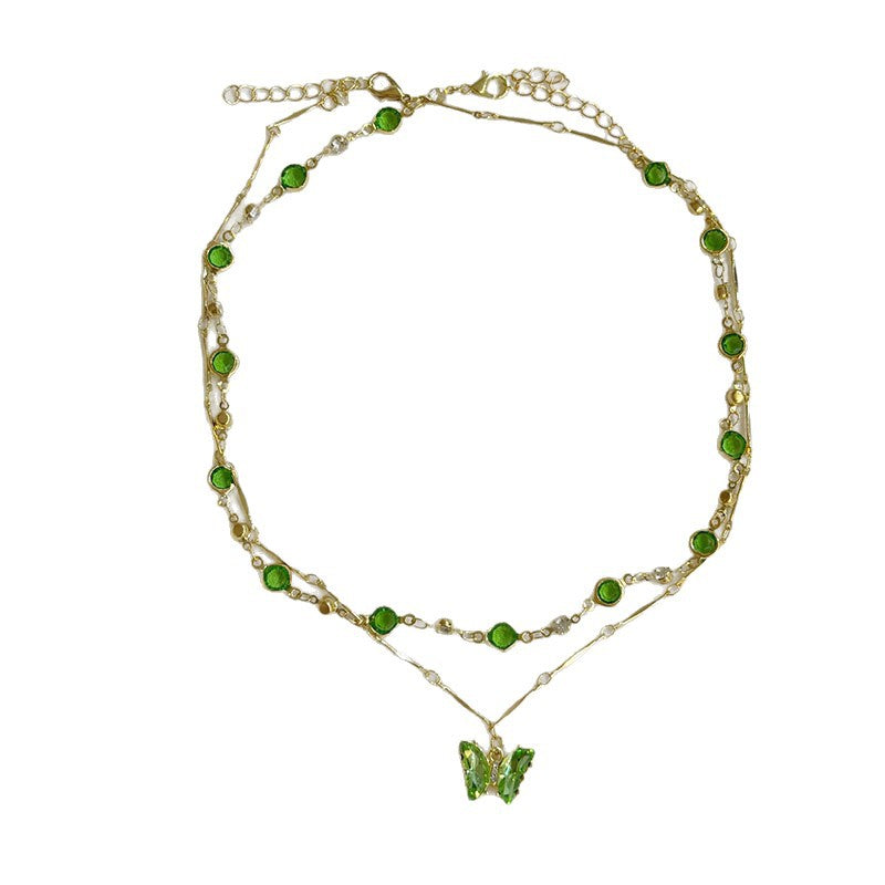 Butterfly Double Layer Necklace For Women In Green, Electroplated Alloy Pendant