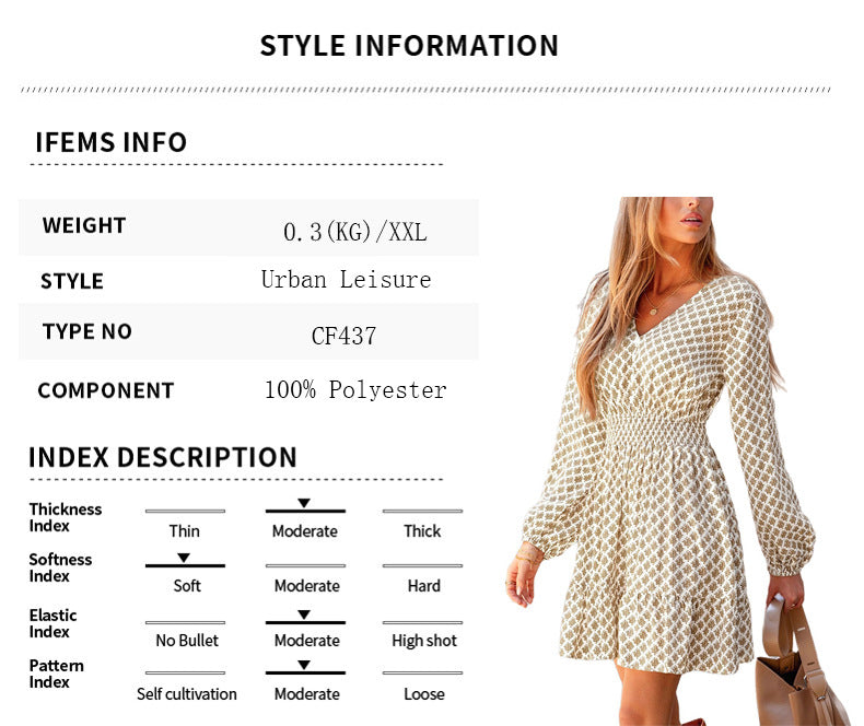 Elegant Geometric V Neck Long Sleeve Dress In Polyester With Knee-Length And Printing Design