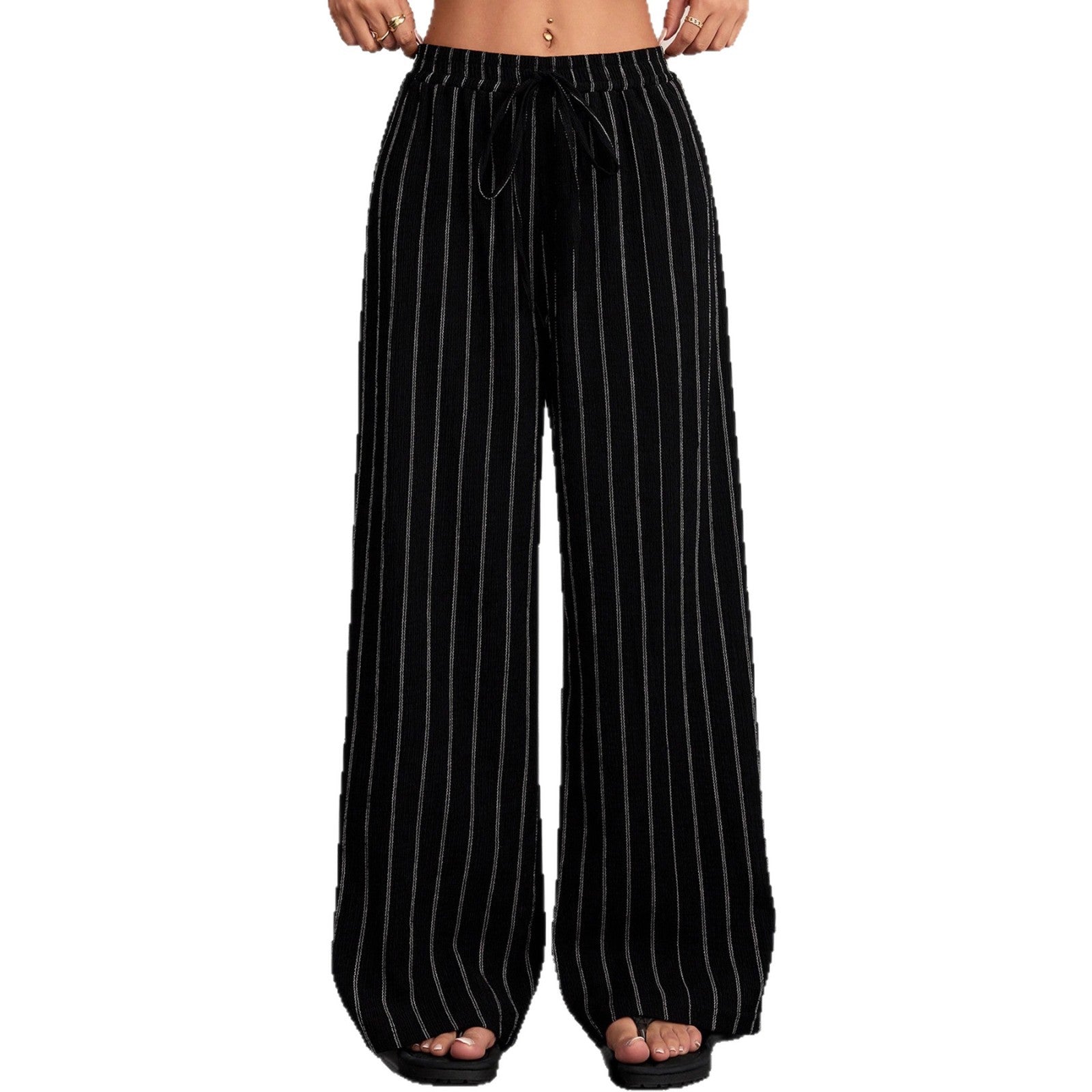 Casual Stripe Wide Leg Pants With Elastic Waist In Full Length, Made From Comfortable Polyester Fabric
