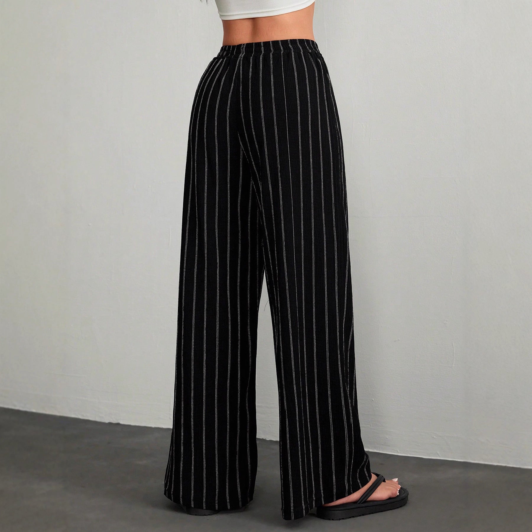 Casual Stripe Wide Leg Pants With Elastic Waist In Full Length, Made From Comfortable Polyester Fabric