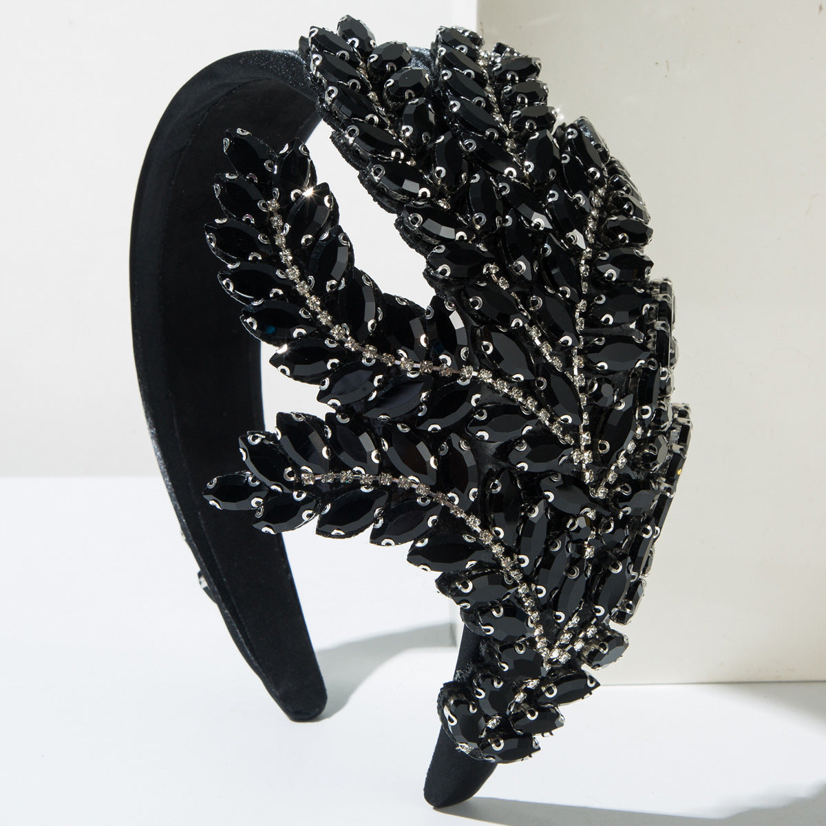 Glam Tree Jewelry Headband For Women With Glass Inlay In Dyed Black