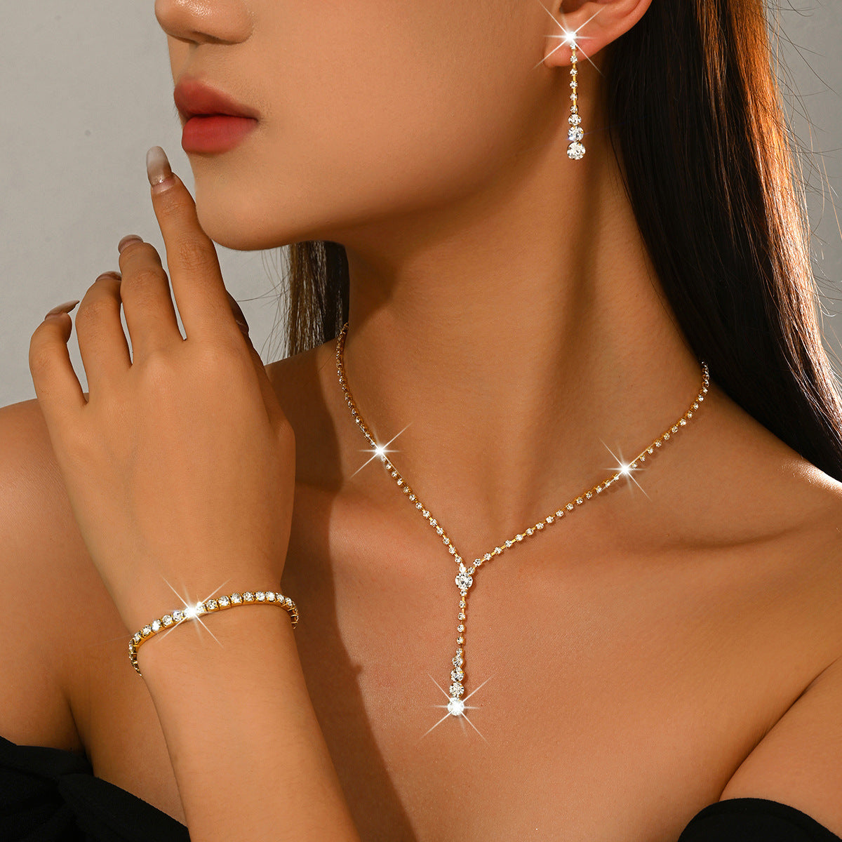 Geometric Tassel Jewelry Set For Women, Electroplated Copper With Golden Plated Finish And Rhinestone Inlay