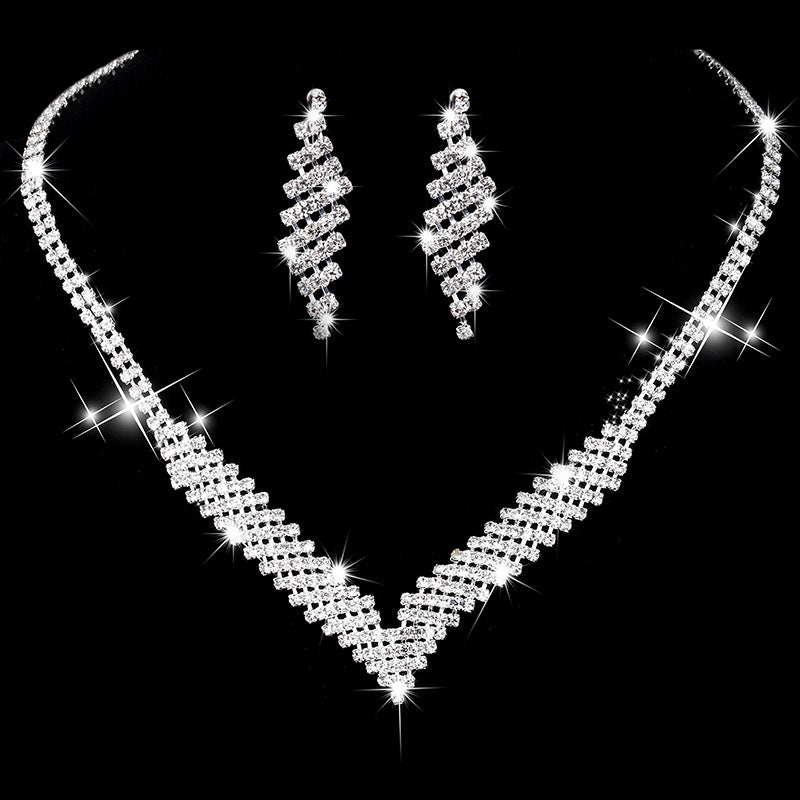Luxurious Geometric Jewelry Set For Women In Copper With Rhinestones, 2 Pieces Set
