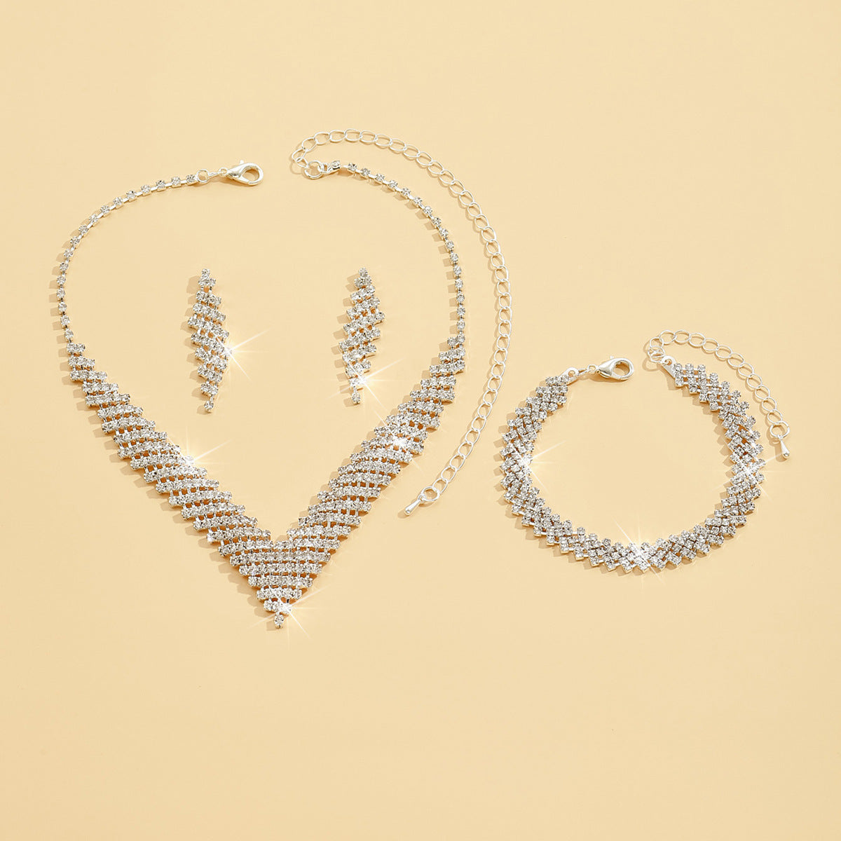 Luxurious Geometric Jewelry Set For Women In Copper With Rhinestones, 2 Pieces Set