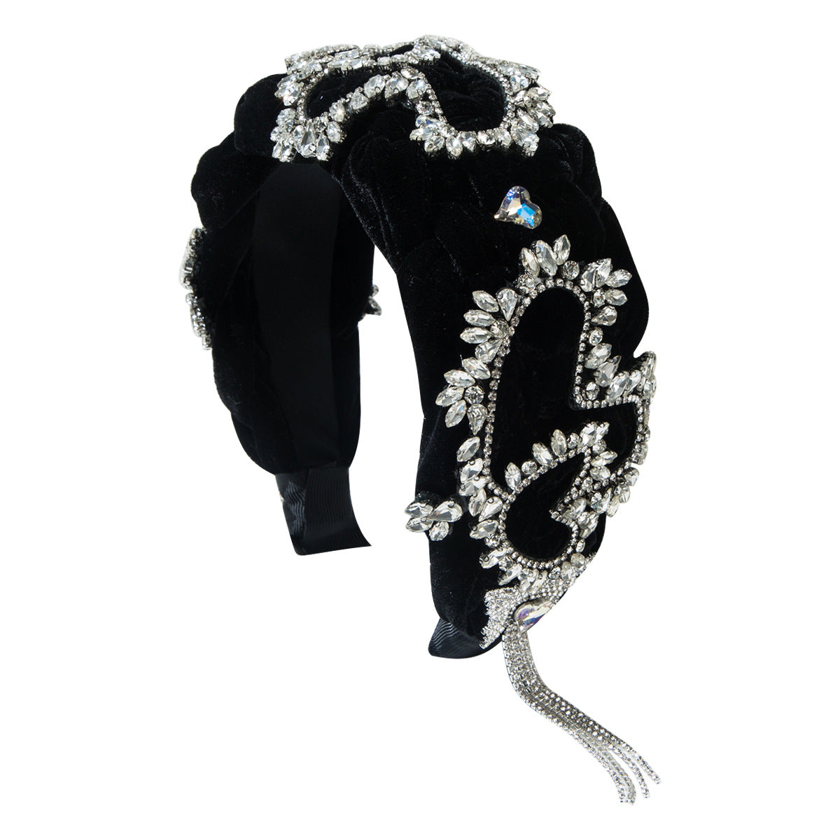 Heart Shape Jewelry Headband For Women In Dyed Black Alloy With Rhinestone Inlay