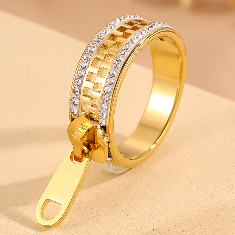 Geometric Waterproof Non Tarnish Rings For Adults, 304 Stainless Steel With 18K Real Gold Plated PVD Coating And Zircon Inlay