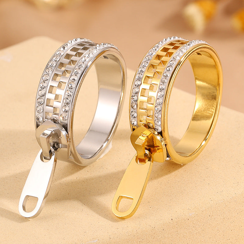 Geometric Waterproof Non Tarnish Rings For Adults, 304 Stainless Steel With 18K Real Gold Plated PVD Coating And Zircon Inlay
