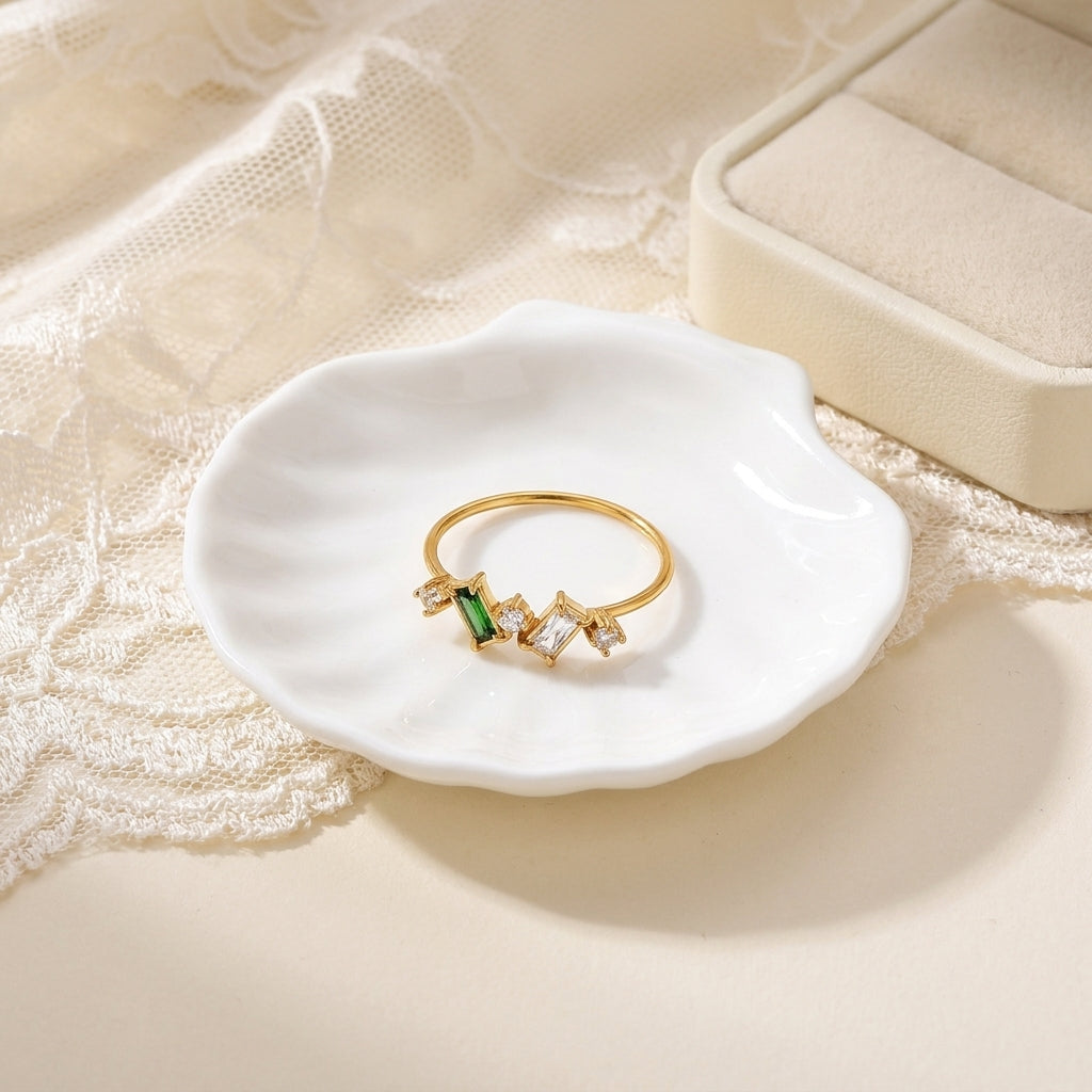 Geometric Electroplated Rings For Women In 304 Stainless Steel With 18K Real Gold PVD Coating And Zircon Inlay