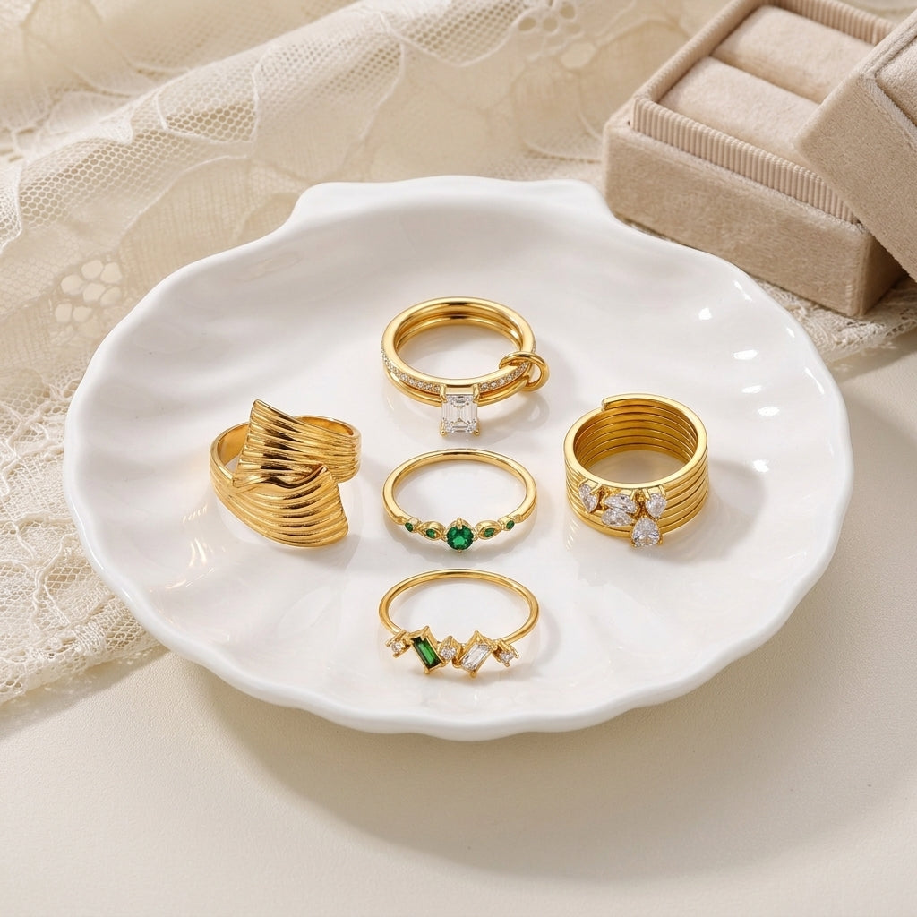 Geometric Electroplated Rings For Women In 304 Stainless Steel With 18K Real Gold PVD Coating And Zircon Inlay