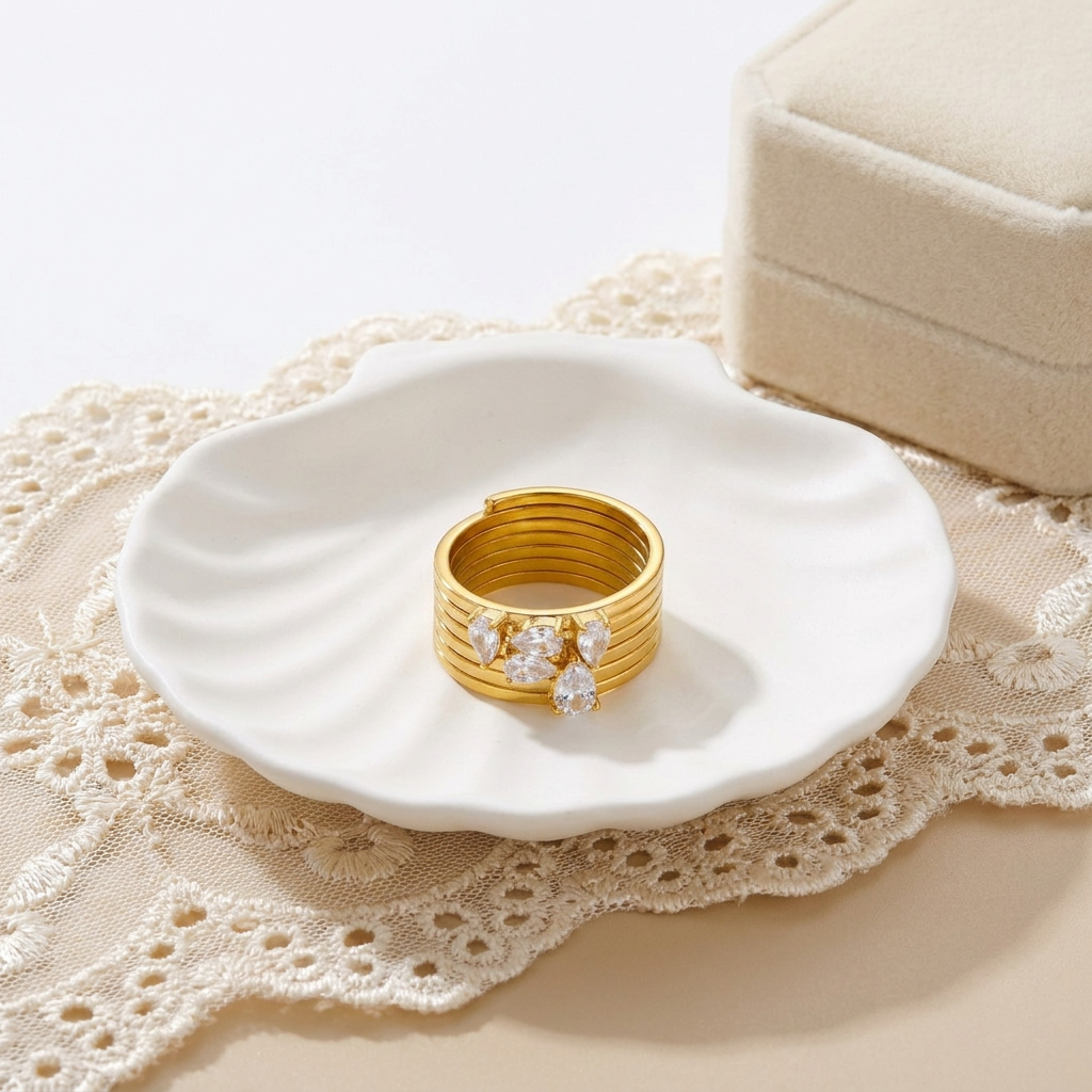 Geometric Electroplated Rings For Women In 304 Stainless Steel With 18K Real Gold PVD Coating And Zircon Inlay