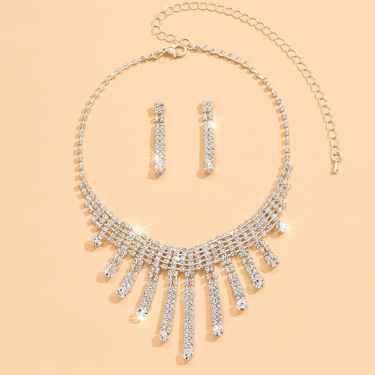 Geometric Tassel Jewelry Set For Women In Electroplated Copper With Rhinestone Inlay