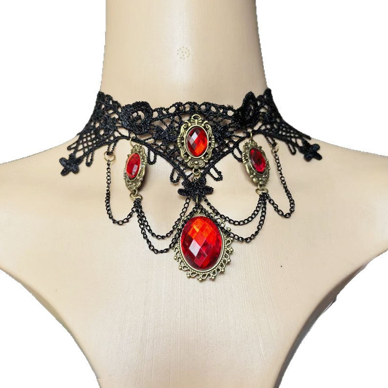 Ethnic Style Lace Choker Necklace For Women In Dyed Black Alloy With Electroplated Finish And Resin Pendant
