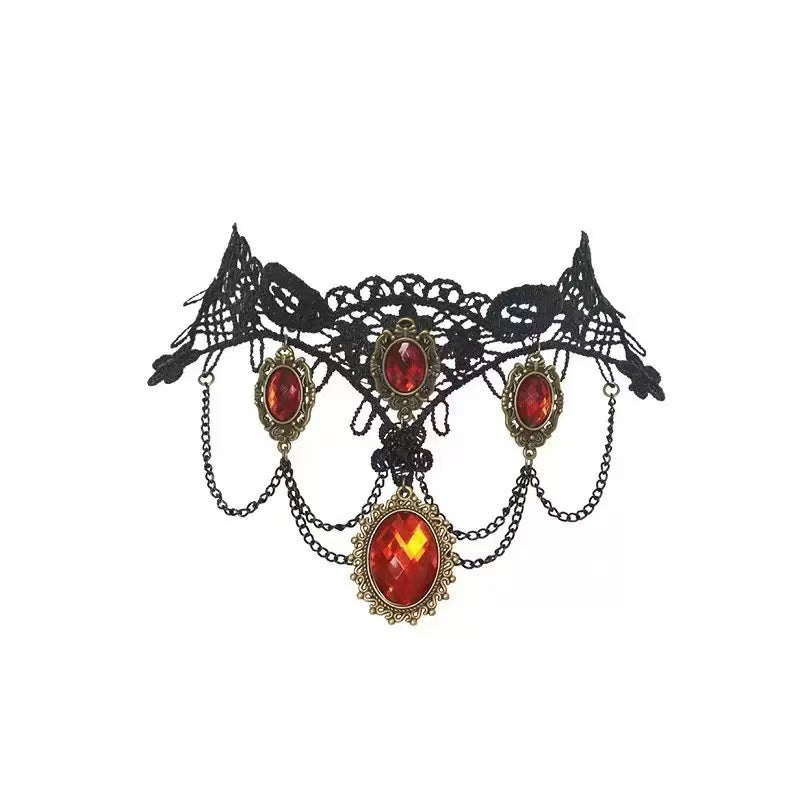 Ethnic Style Lace Choker Necklace For Women In Dyed Black Alloy With Electroplated Finish And Resin Pendant