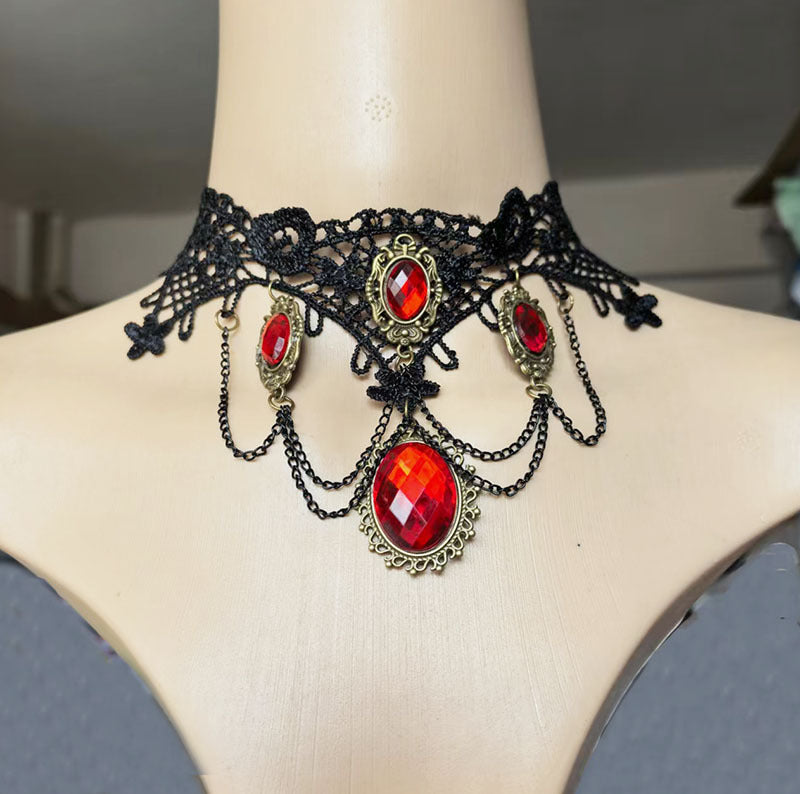 Ethnic Style Lace Choker Necklace For Women In Dyed Black Alloy With Electroplated Finish And Resin Pendant