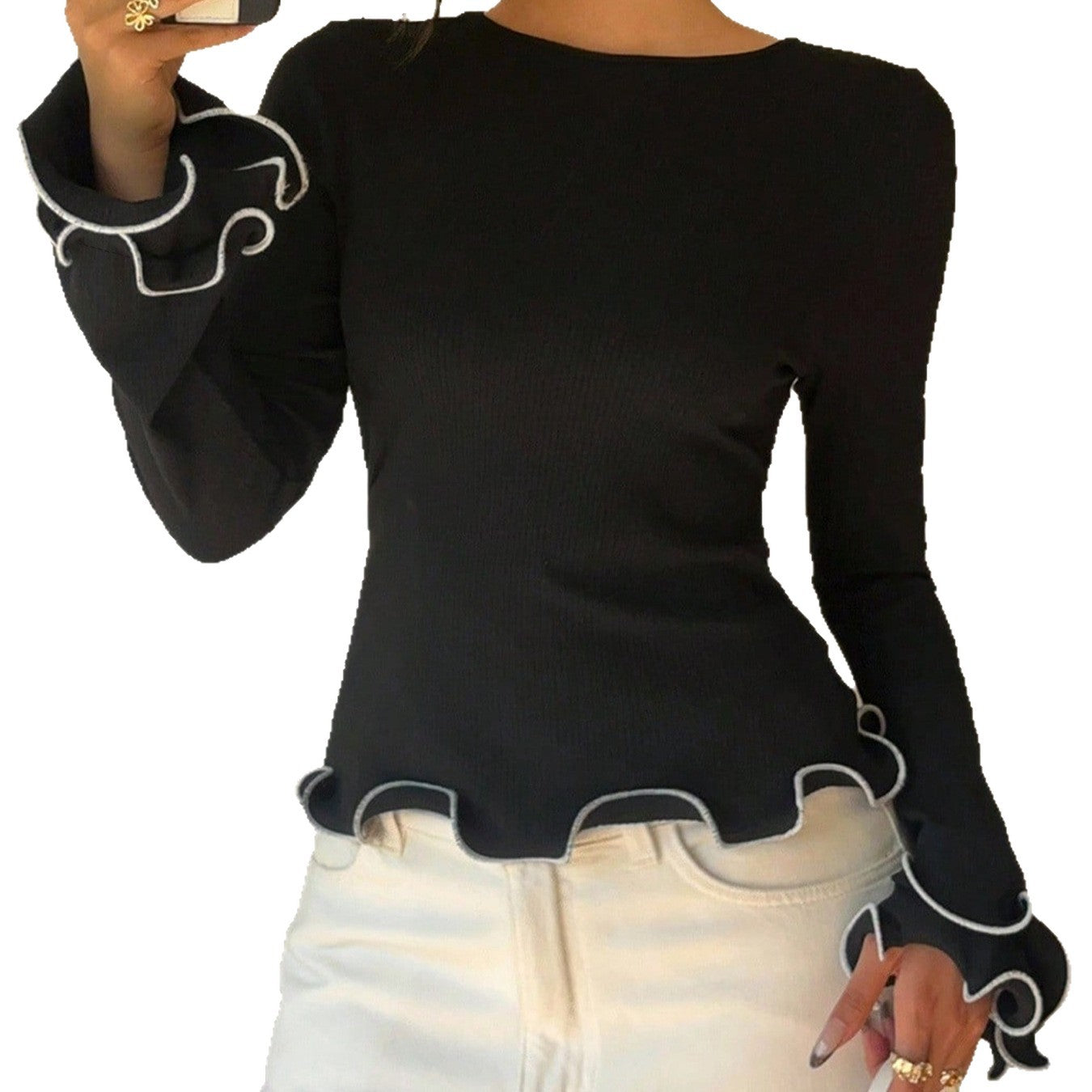 Color Block Casual Long Sleeve T-shirt In Polyester Featuring Side Of Fungus Craft