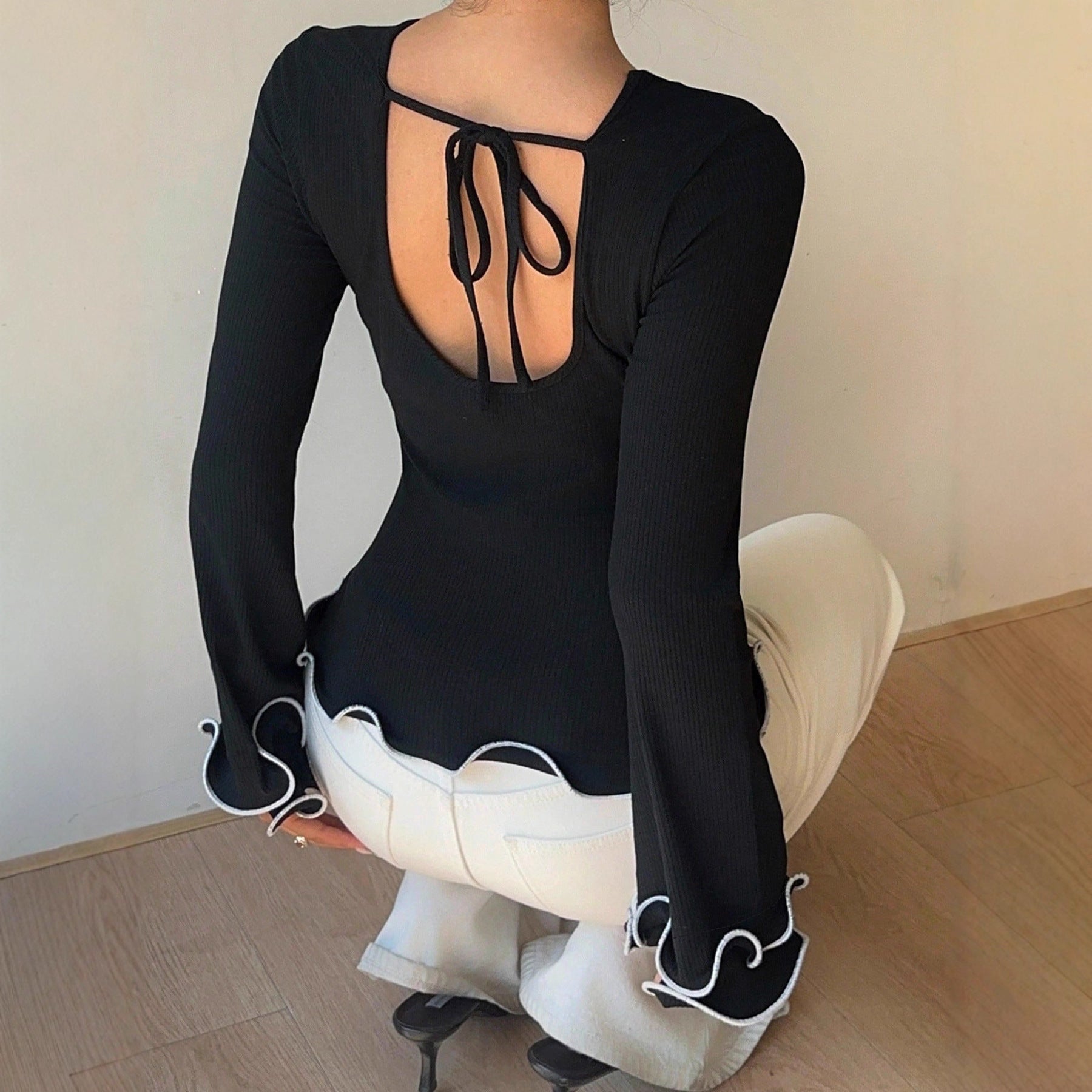 Color Block Casual Long Sleeve T-shirt In Polyester Featuring Side Of Fungus Craft