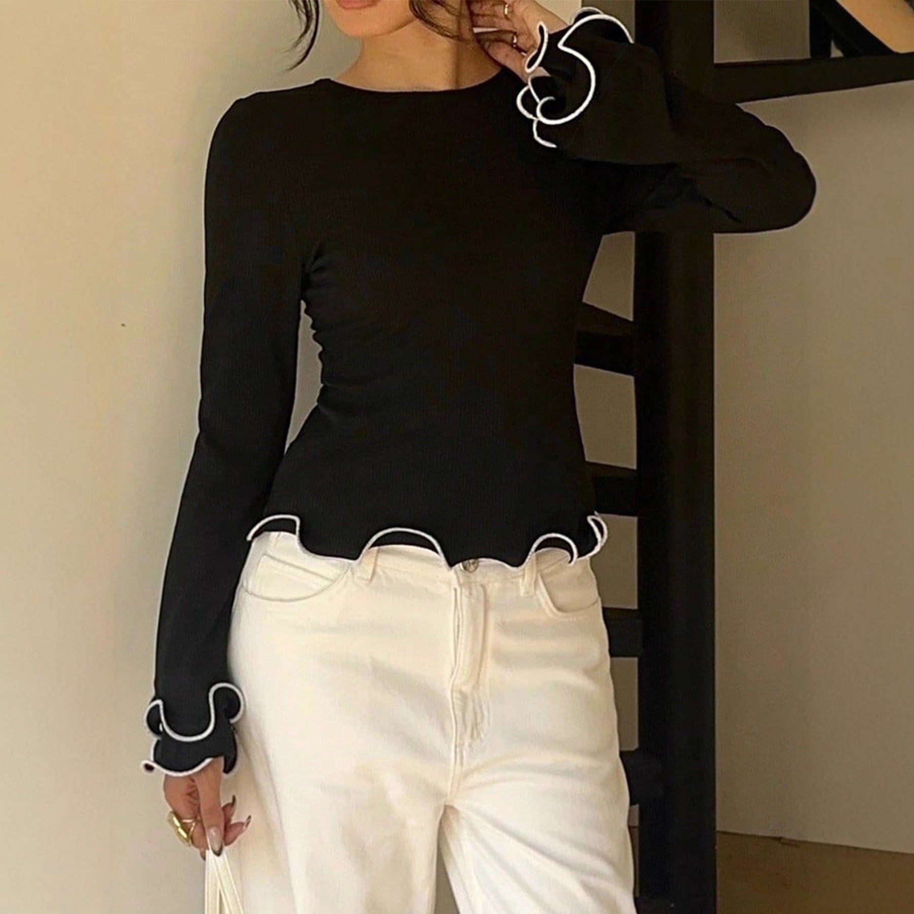 Color Block Casual Long Sleeve T-shirt In Polyester Featuring Side Of Fungus Craft