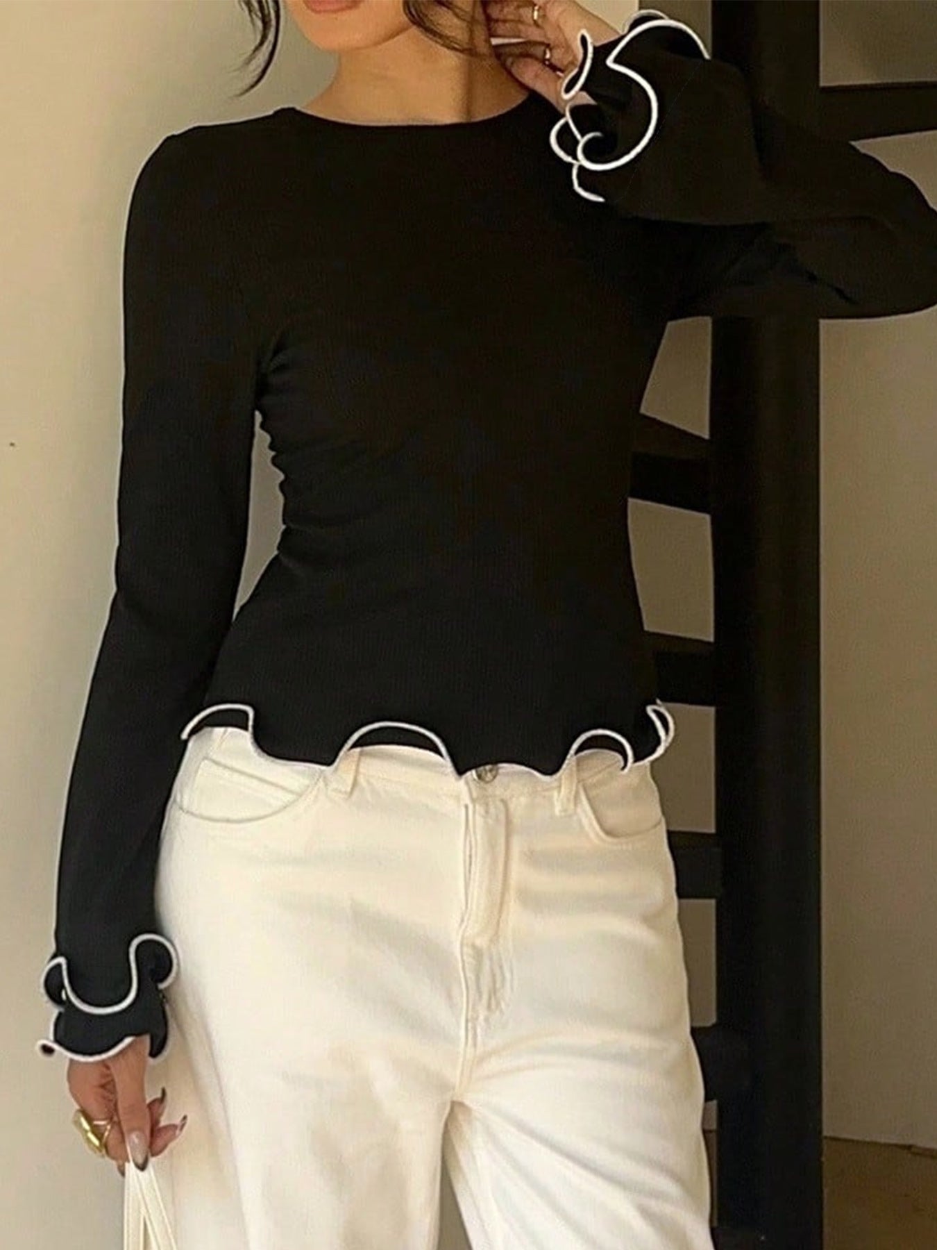 Color Block Casual Long Sleeve T-shirt In Polyester Featuring Side Of Fungus Craft