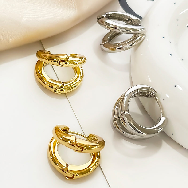 Double Ring Earrings For Women, Hand Polished Copper With 14K Real Gold Water Plating, 0.03µm-0.05µm Thickness