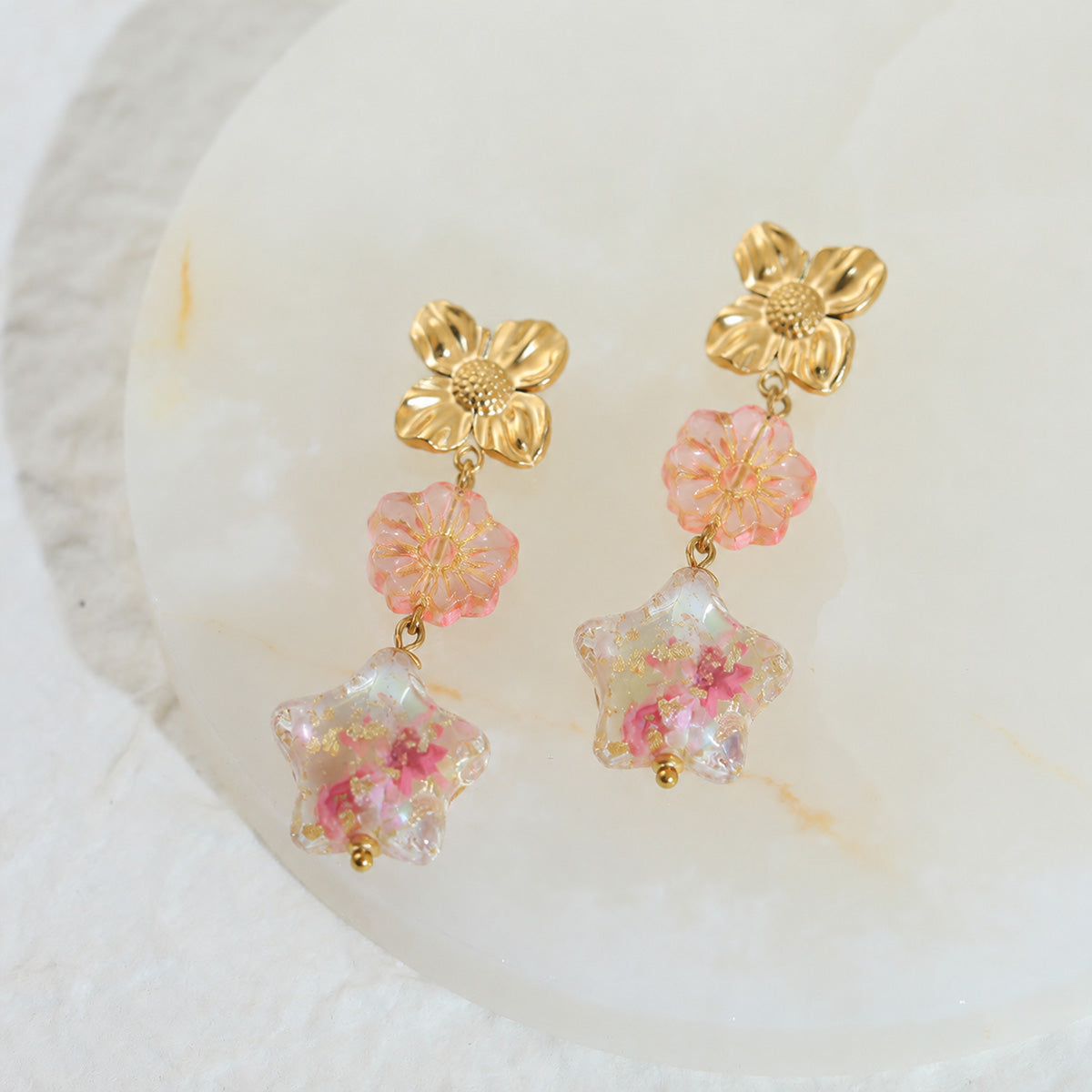 Cute Flowers Electroplated Earrings In 18K Real Gold Plated With PVD Coated 304 Stainless Steel