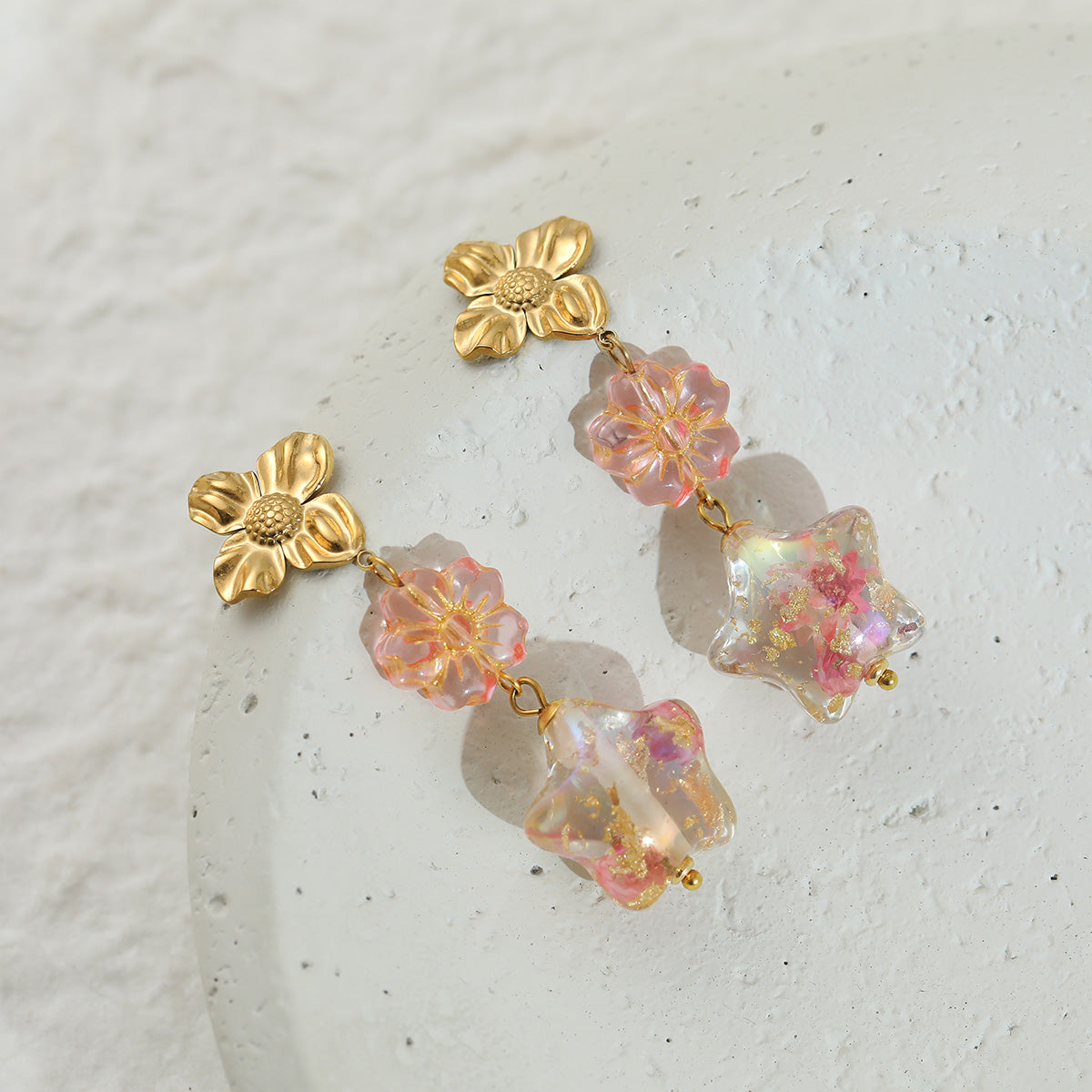 Cute Flowers Electroplated Earrings In 18K Real Gold Plated With PVD Coated 304 Stainless Steel