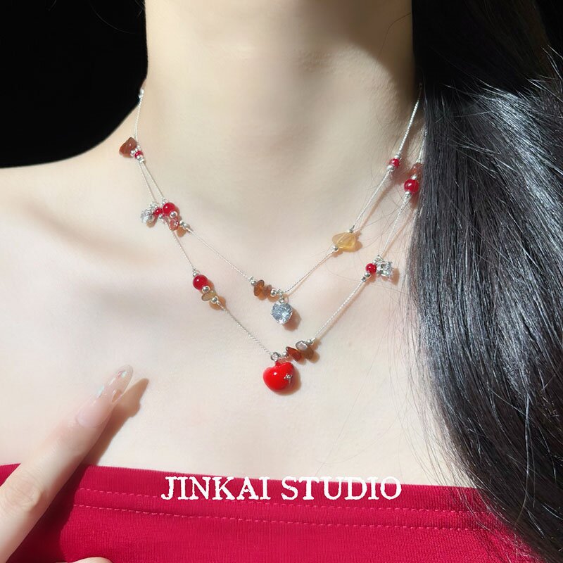 Apple Beading Necklace For Women In Sweet Style With Red Mixed Materials And Alloy Pendant