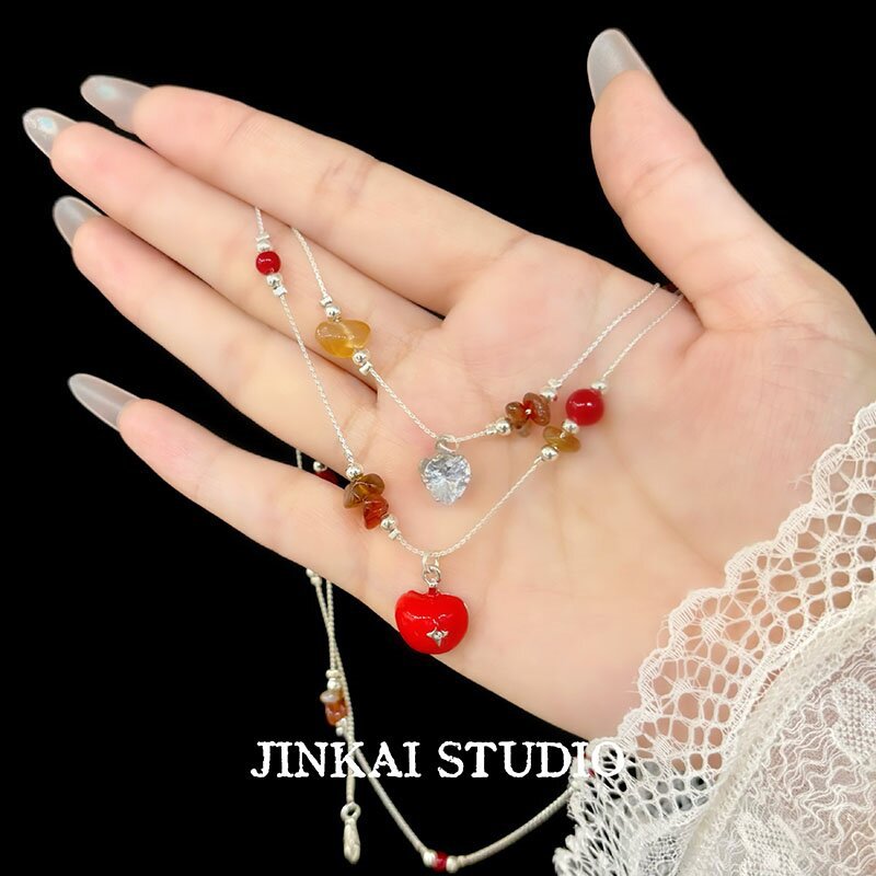 Apple Beading Necklace For Women In Sweet Style With Red Mixed Materials And Alloy Pendant