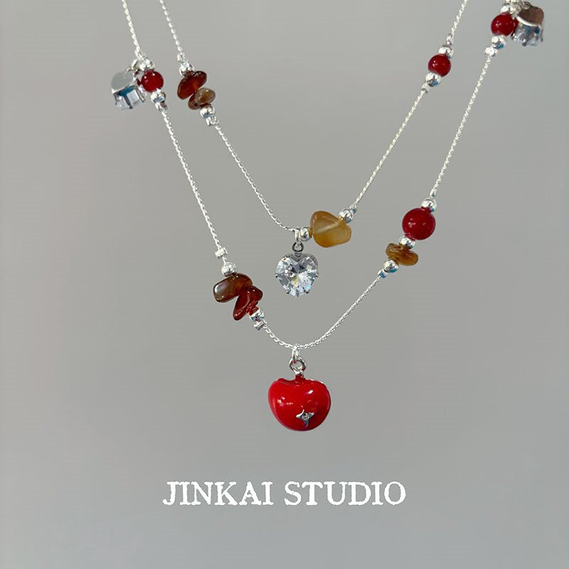 Apple Beading Necklace For Women In Sweet Style With Red Mixed Materials And Alloy Pendant