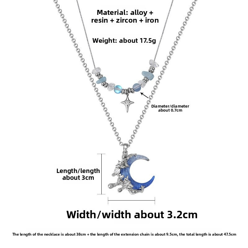 Blue Moon Double Layer Necklace For Women With Alloy Pendant, Perfect Holiday Jewelry