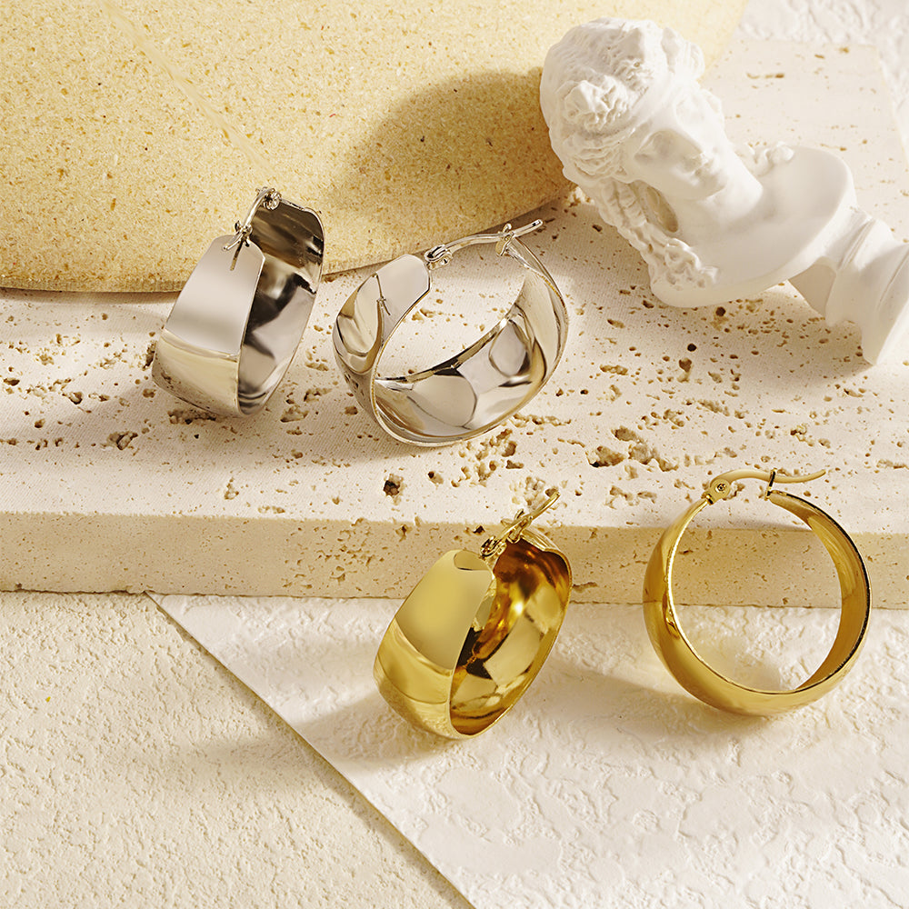 Handmade Round Earrings For Women In 304 Stainless Steel With 18K Real Gold PVD Coated Plating And 0.03µm-0.05µm Thickness