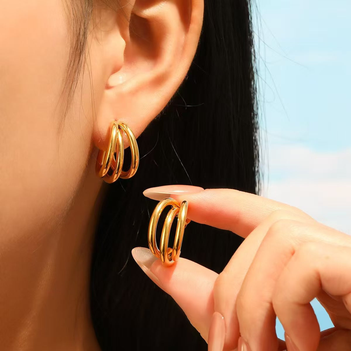 C Shape Earrings For Women In Steel Color Featuring Real Gold Plated Design With 304 Stainless Steel Ear Pins