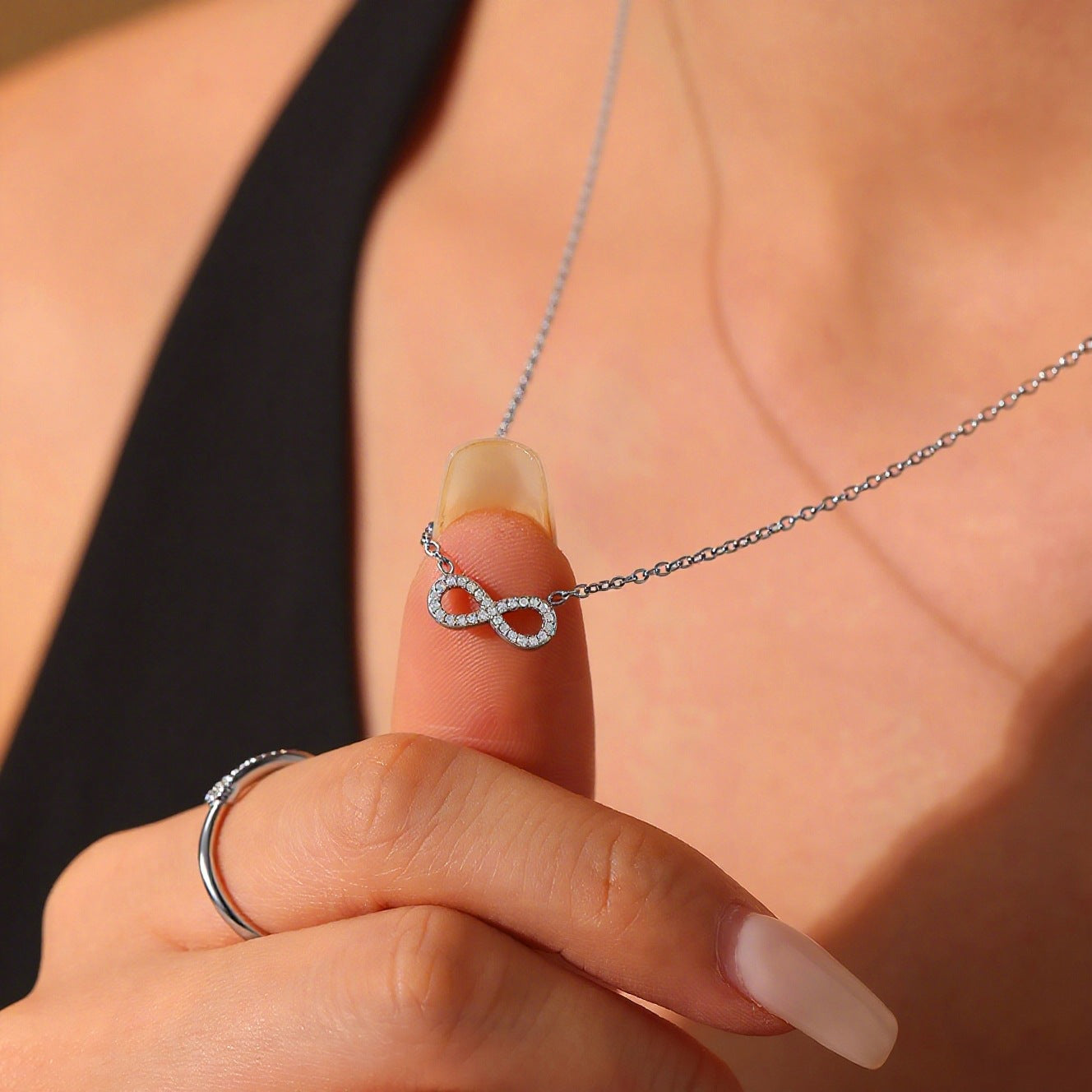 Infinity Necklace For Women In Steel Color Featuring Copper Chain And Pendant With Zircon Inlay