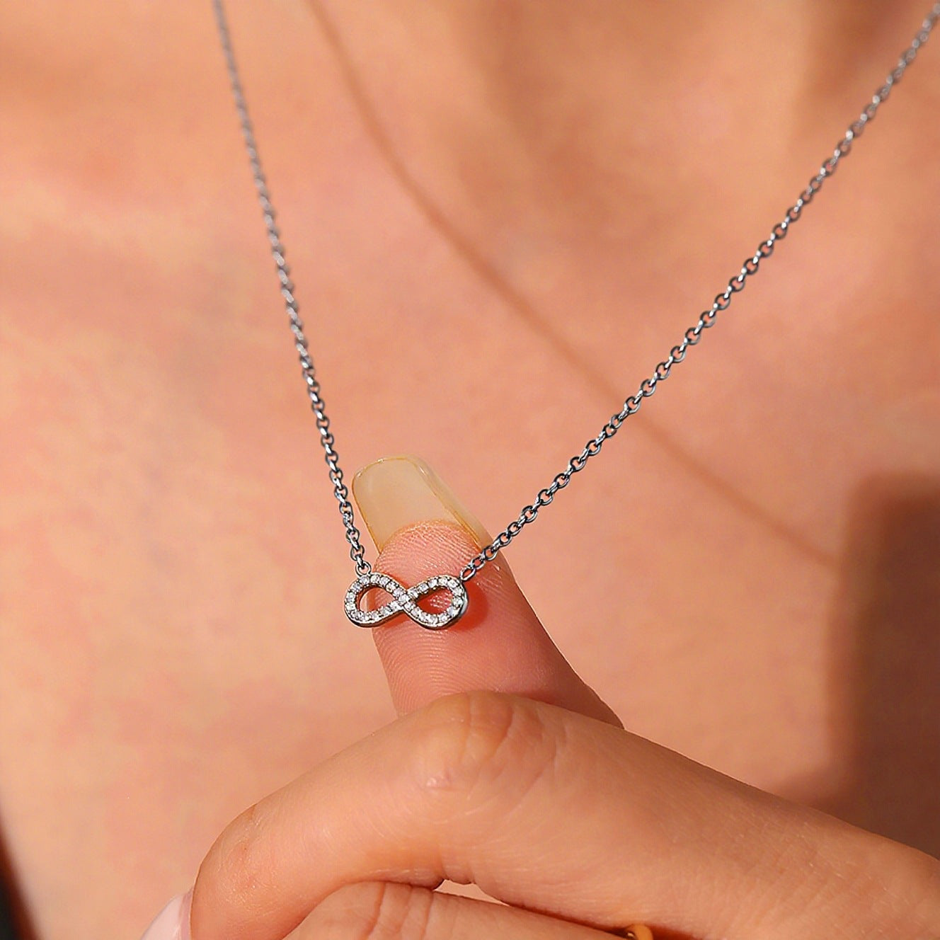 Infinity Pendant Necklace In Steel Color With Copper Material And Zircon Inlay, Simple Style For Women